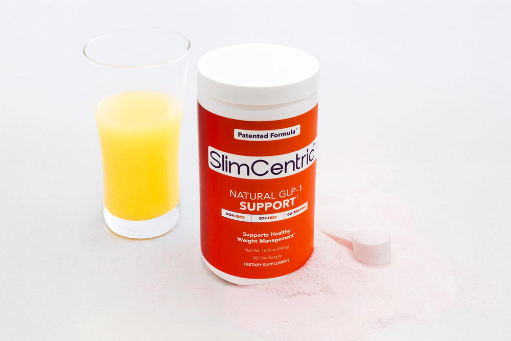 SlimCentric GLP-1 patented formula packaging on display.