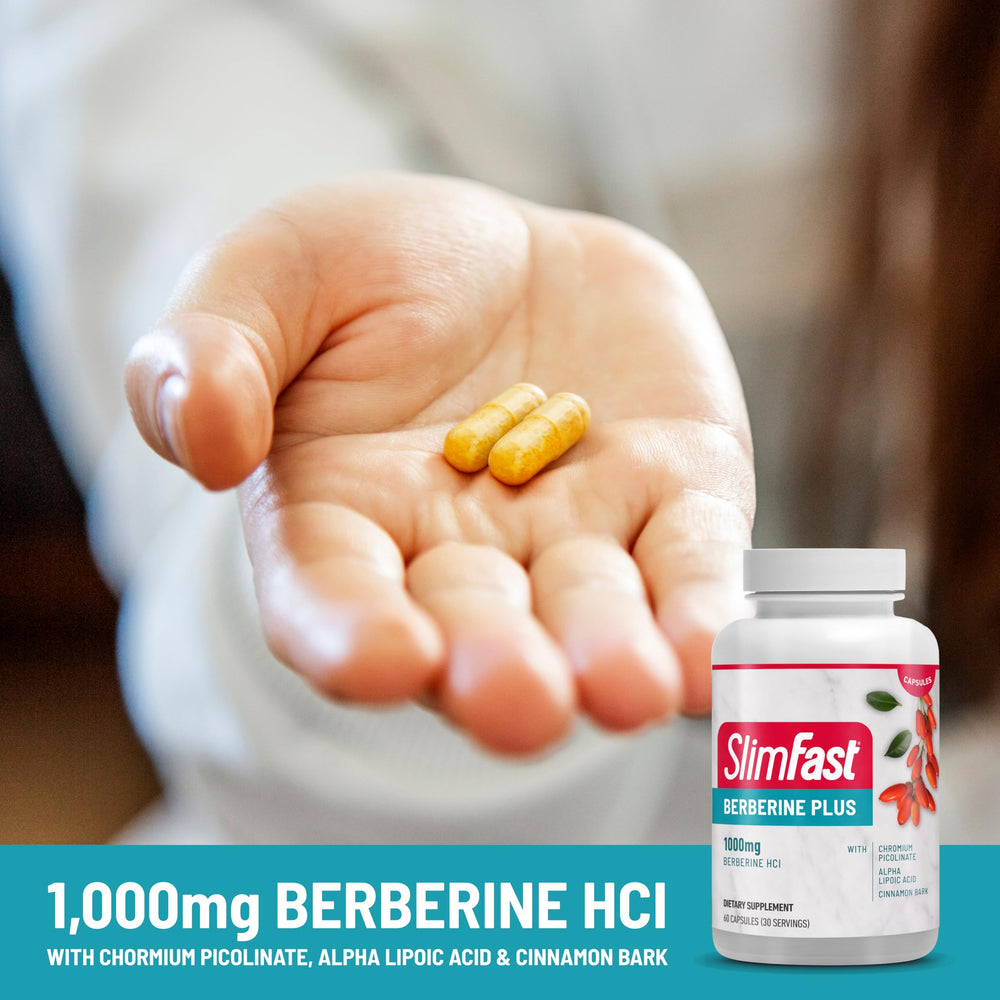 SlimFast Berberine Plus alpha-lipoic acid content illustrated on the label.