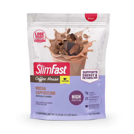 SlimFast High Protein Coffee House Smoothie Mocha Cappuccino packaging; convenient meal replacement on the go.