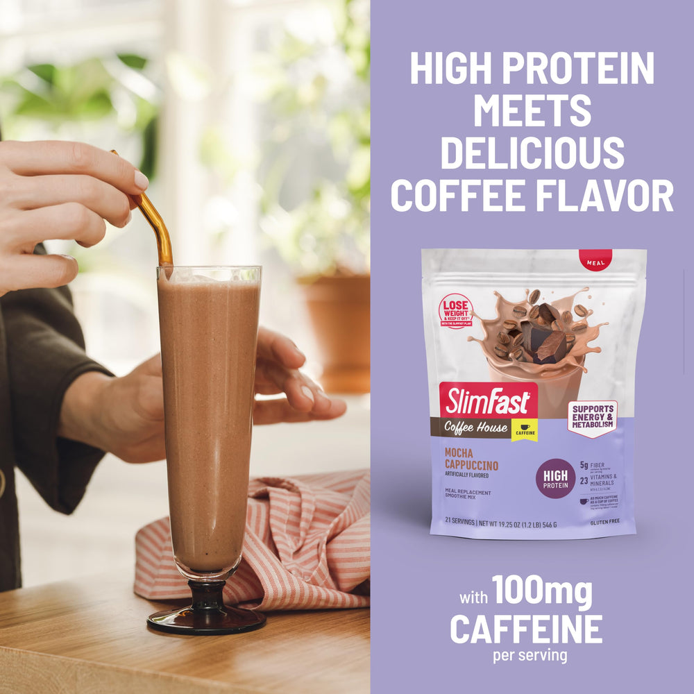 SlimFast High Protein Coffee House Smoothie Vanilla Latte prepared shake; creamy texture and caffeine lift.