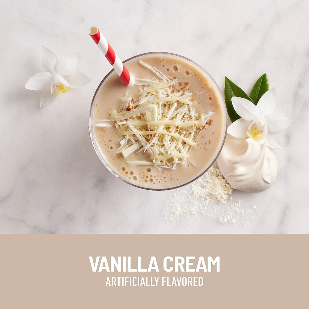 SlimFast high-protein-meal-replacement-mix-vanilla-cream jar provides 20g protein per serving.