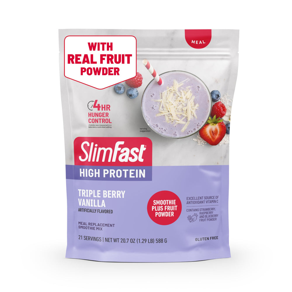 SlimFast High Protein Smoothie Plus Fruit Powder bag with real fruit powder for a convenient meal