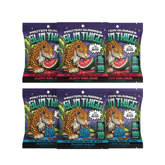 SlimThicc Rabid Razz gummies pack with vibrant texture for post-workout protein snacking.