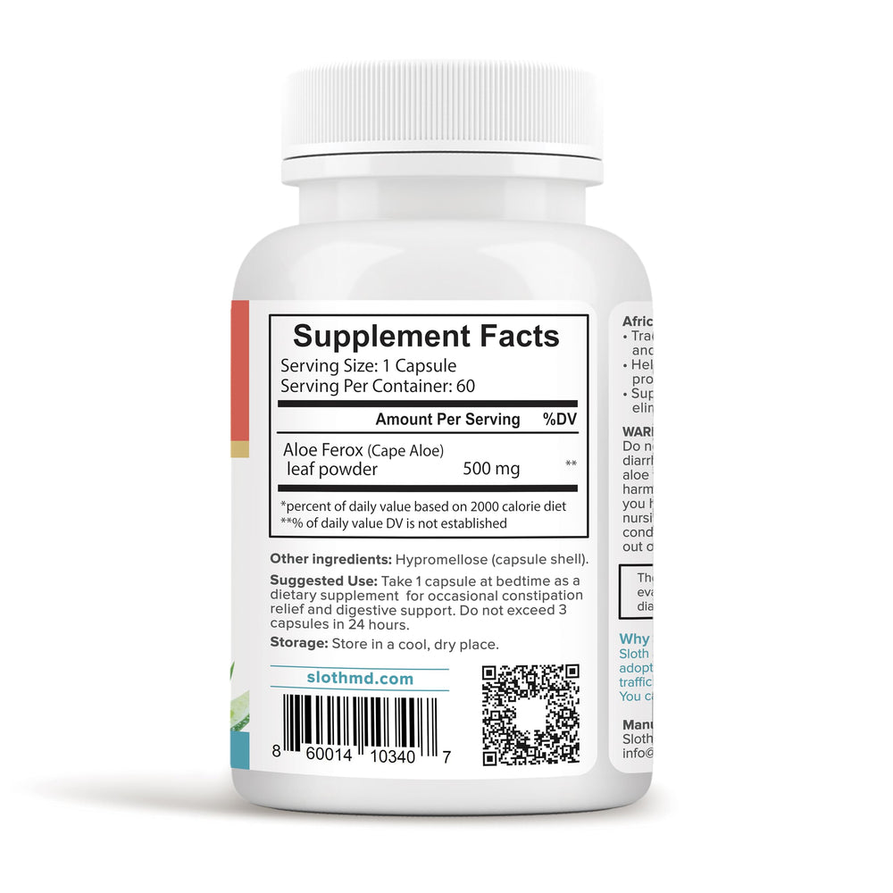 SLOTH MD Aloe Ferox capsules close-up highlighting high potency digestive support
