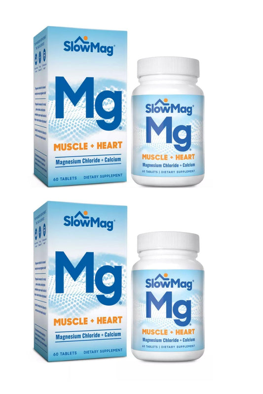 Slow-Mag bottle shows magnesium chloride blend for muscle relaxation and heart support