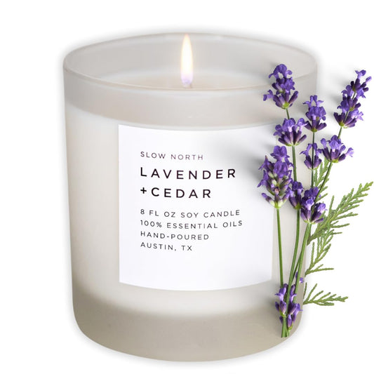 Slow North Lavender + Cedar Candle in a frosted jar for calming ambiance