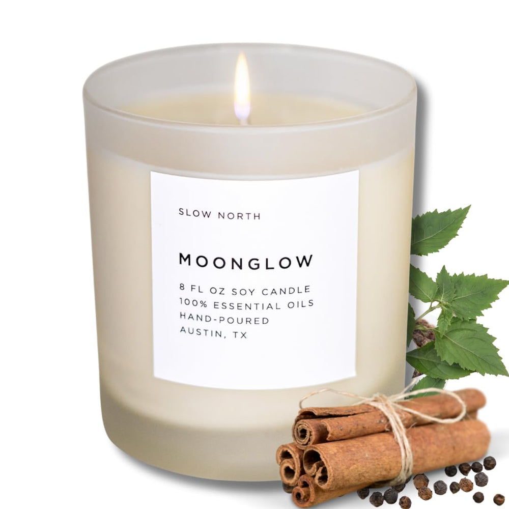 Slow North Moonglow candle in a reusable frosted jar for eco-friendly ambience.