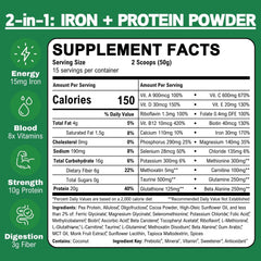 Smart Eats Iron Powder ingredients panel emphasizes plant protein and vitamins