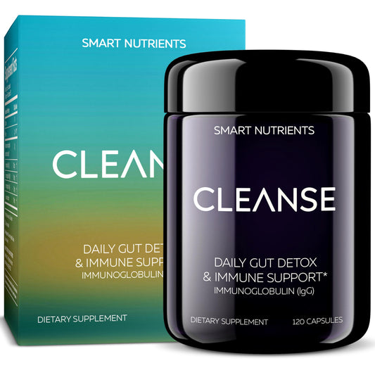 Smart Nutrients CLEANSE bottle front showing dairy-free IgG colostrum for daily gut support