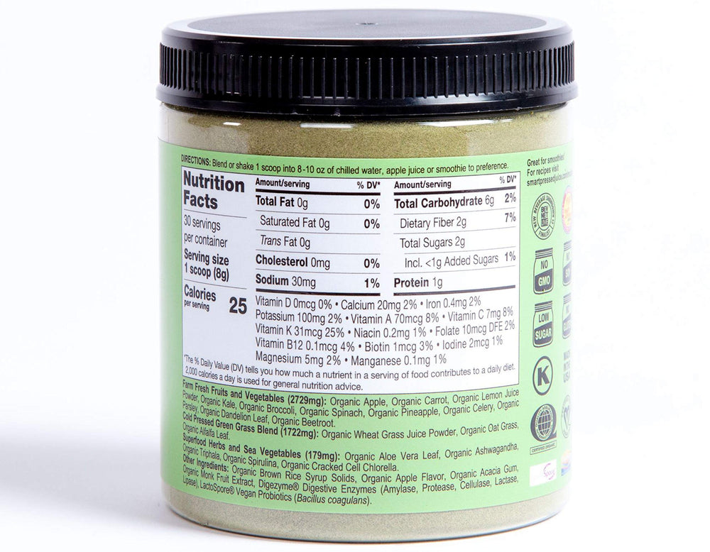 Close-up of SMART Pressed Organic Greens blend with kale and spirulina.