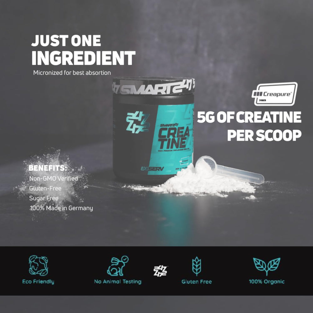 SMART247 creatine powder mixed in a glass showing smooth texture.