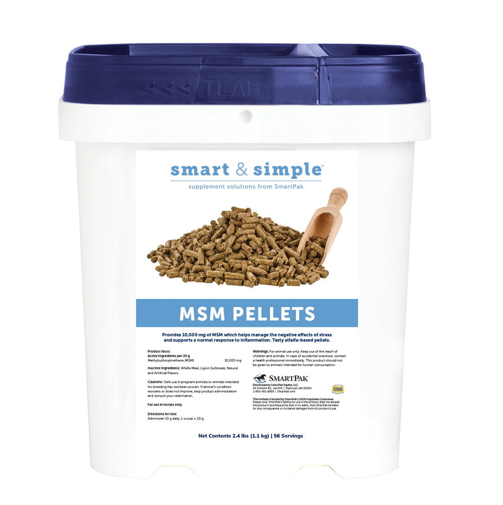 SmartEquine Smart and Simple MSM Pellets bottle label shows trusted daily supplement use.