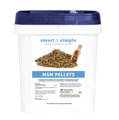 SmartEquine Smart and Simple MSM Pellets bottle label shows trusted daily supplement use.