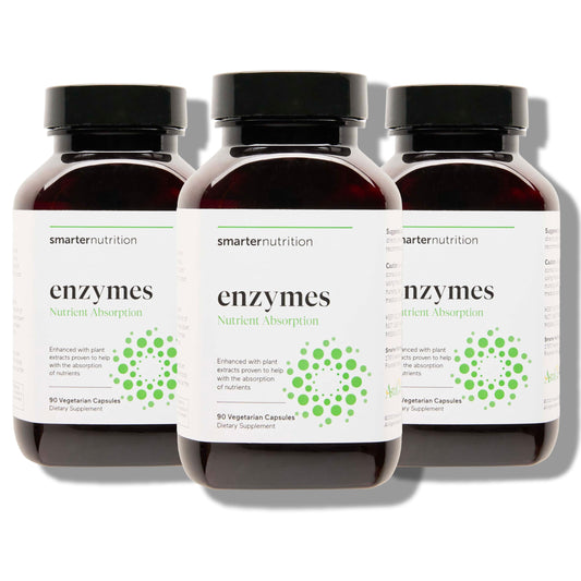 SMARTERNUTRITION vegan digestive enzymes bottle on counter supports comfortable meals