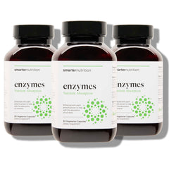 SMARTERNUTRITION vegan digestive enzymes bottle on counter supports comfortable meals