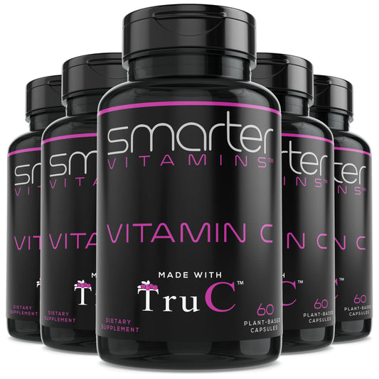 SmarterVitamins 5-pack bottles displayed for convenient daily vitamin C routine.