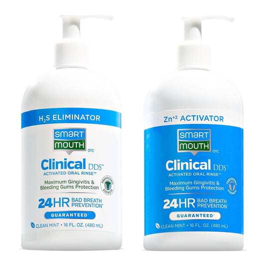 SmartMouth Clinical DDS two-bottle mouthwash with pumps for extended freshness.