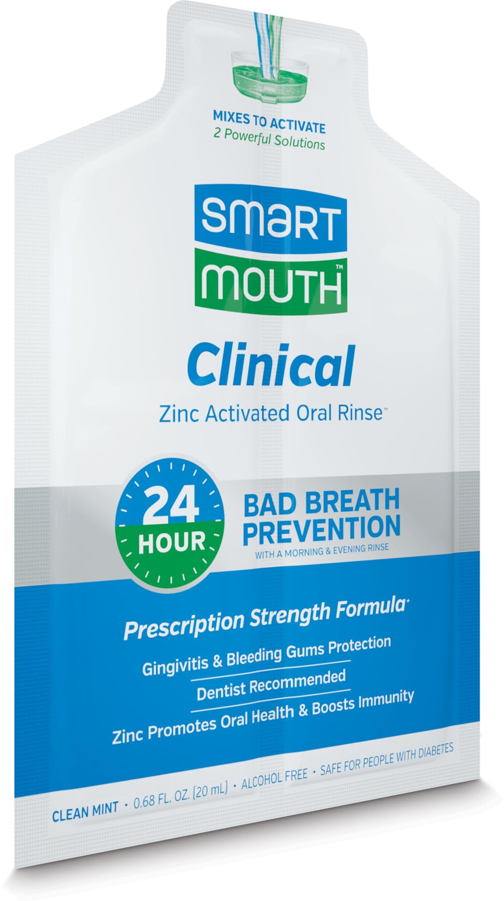 SmartMouth Clinical Rinse packaging label highlighting alcohol-free formula