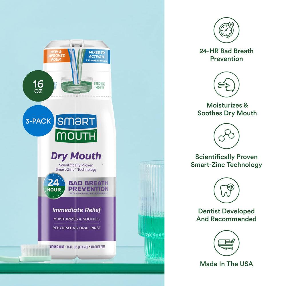 SmartMouth mouthwash bottle closeup emphasizes mint rinse