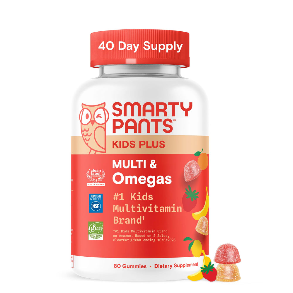 SmartyPants Kids Plus Omegas bottle front shows tasty gummies for daily nutrition