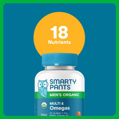 SmartyPants Mens Organic Multivitamin bottle close-up highlighting clean packaging.