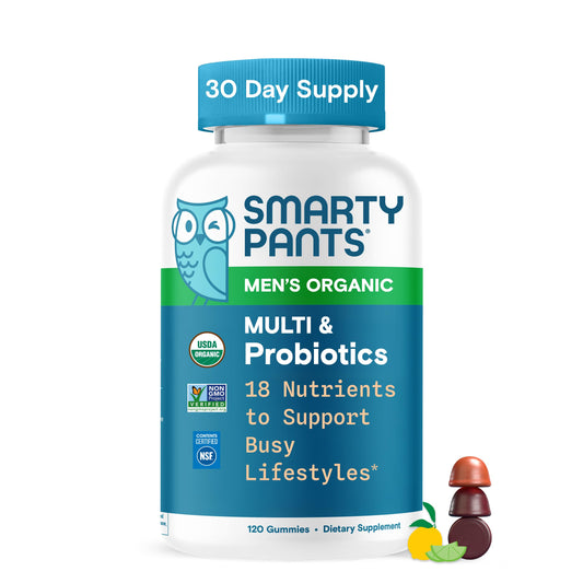 SmartyPants Organic Men's Multivitamin Gummies bottle shows organic, vegetarian formula for daily wellness.