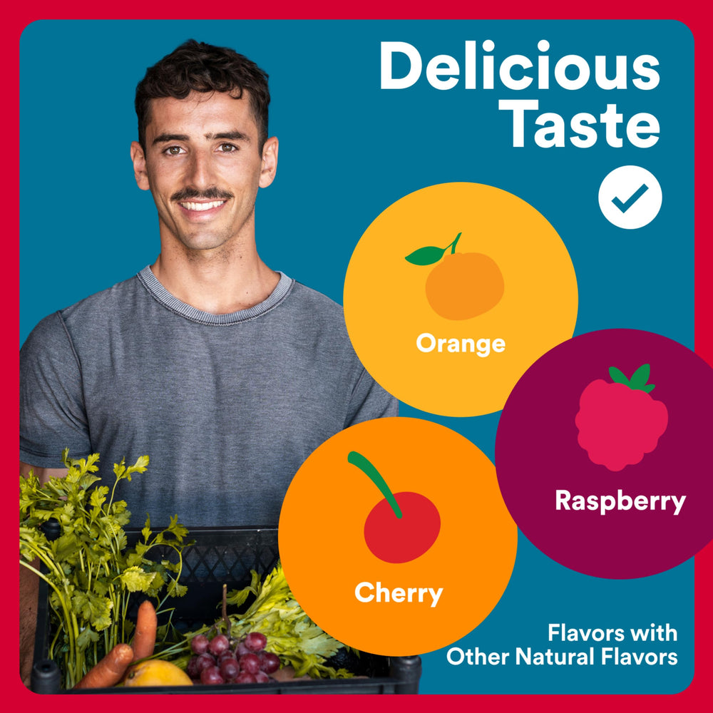 Probiotic symbol and nutrition panel emphasize gut-friendly ingredients within the gummies.