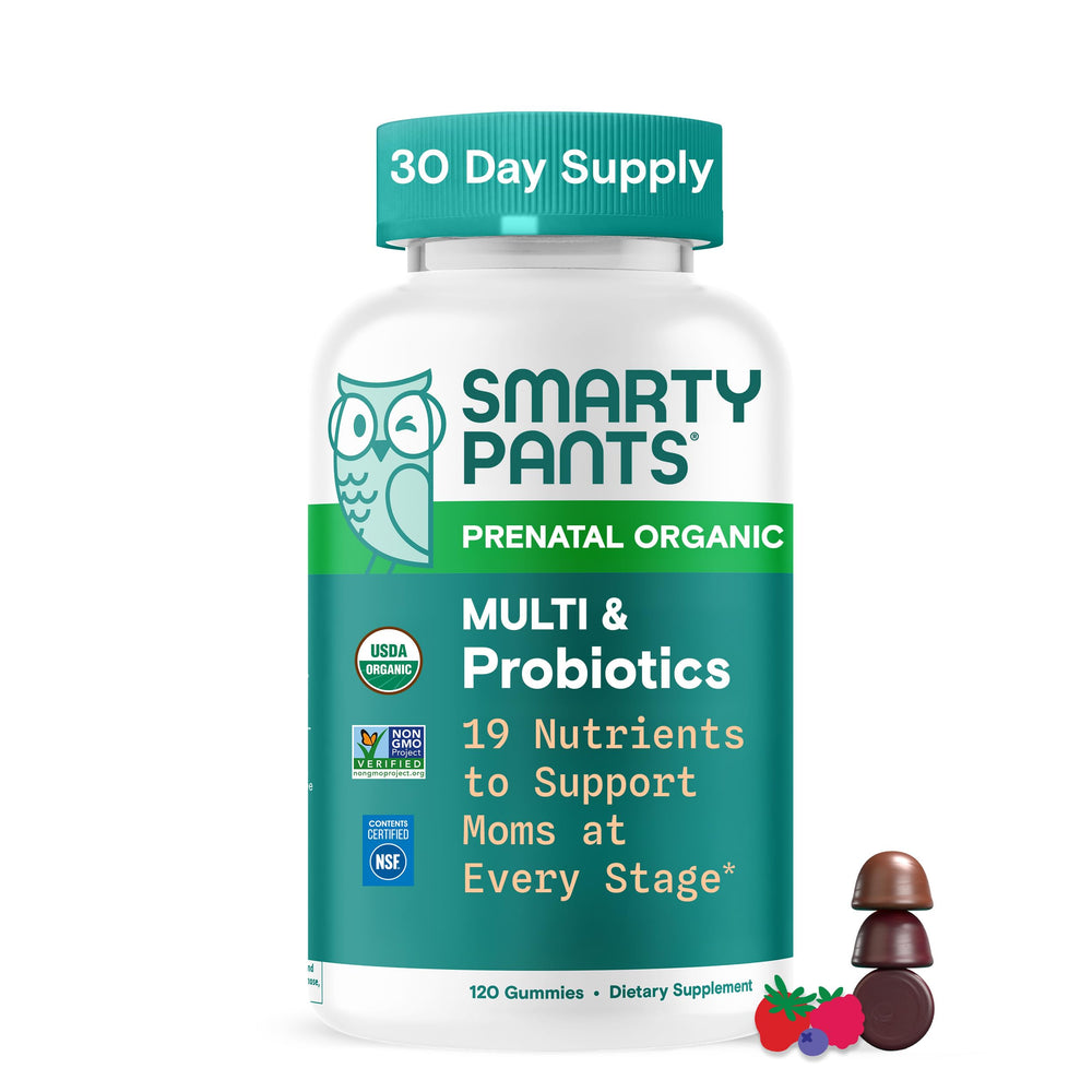 SmartyPants Organic Prenatal Gummies bottle front for convenient daily nutrition.