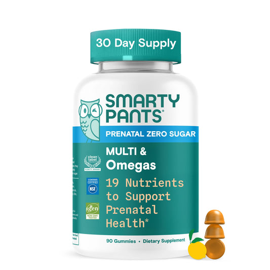 SmartyPants Prenatal Zero Sugar bottle for daily prenatal nutrients without sugar.