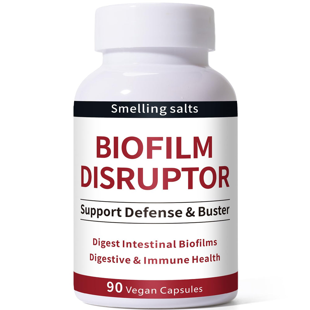 Smelling salts Biofilm Disruptor bottle label highlighting gut support and immune-friendly benefits.