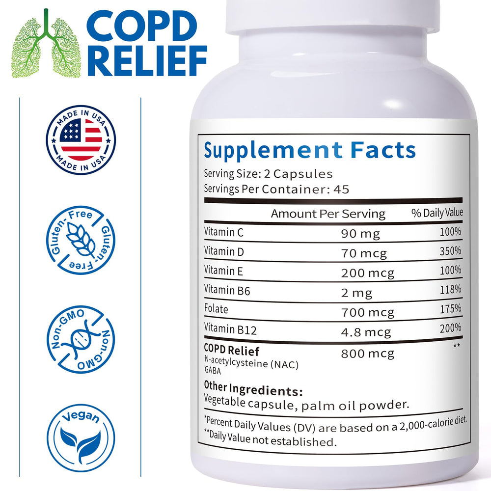 Smelling salts COPD supplement ingredients chart lists vitamins C, D, E and NAC