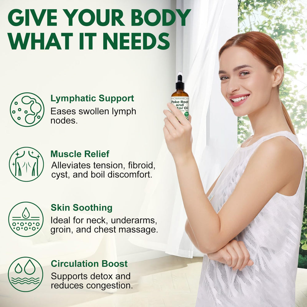 Smelling salts organic poke root oil label emphasizes vitamin E benefits.