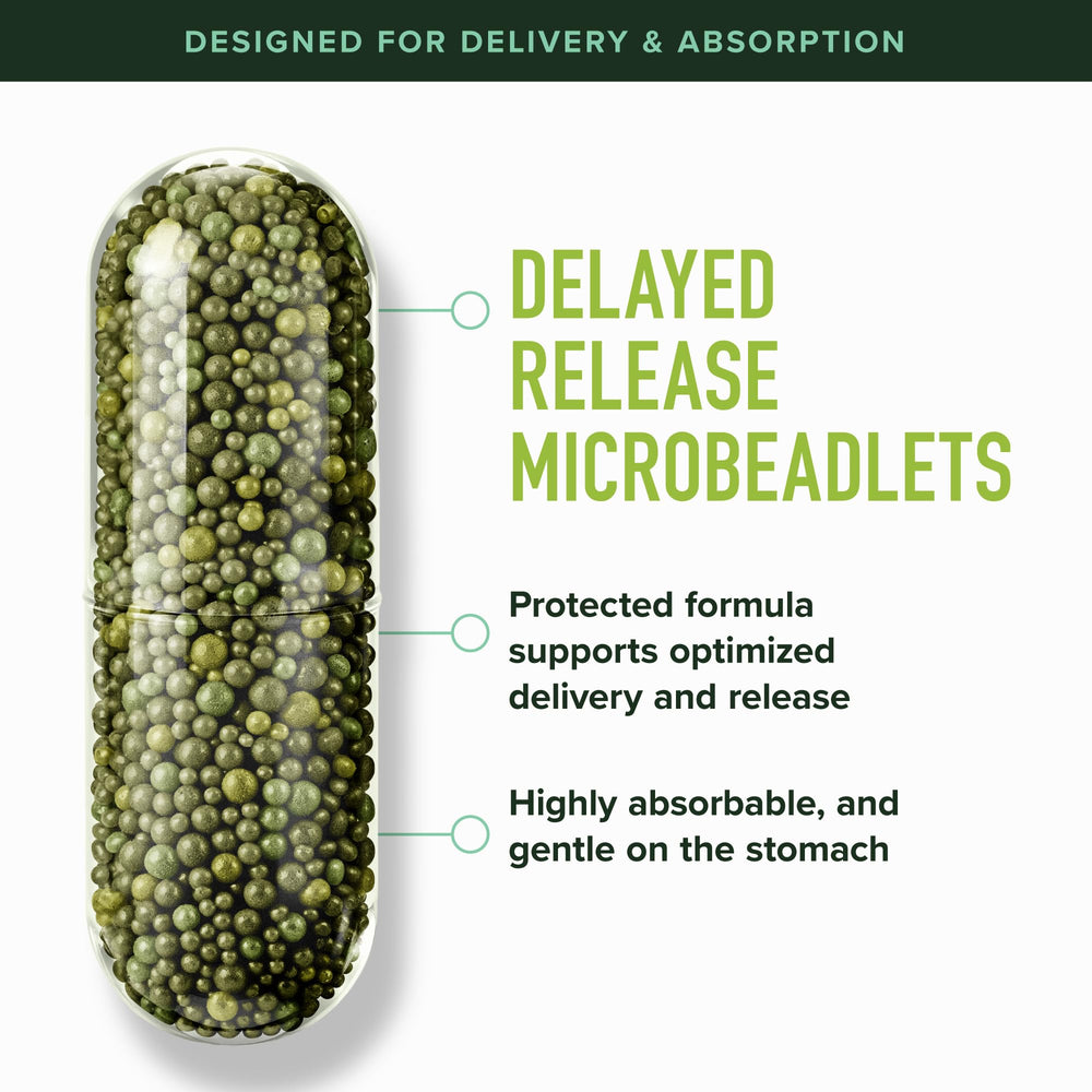 SMNutrition delayed-release microbeadlets inside a capsule showing protection and delivery.