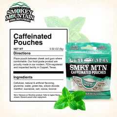Close-up of Smokey Mountain Spearmint pouch texture and green tea ingredients