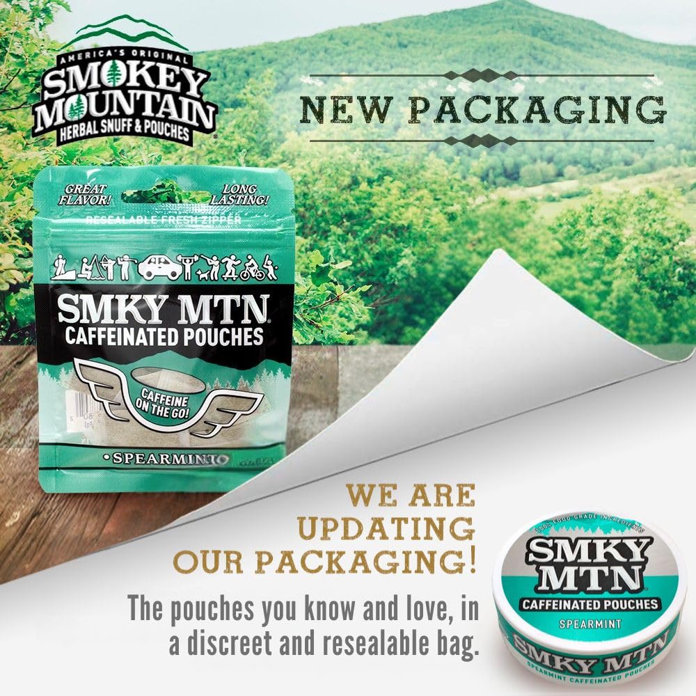 Smokey Mountain Spearmint caffeinated pouches back packaging with contents
