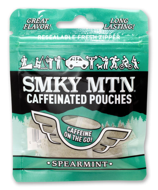 Smokey Mountain Spearmint caffeinated pouches front packaging for on-the-go energy