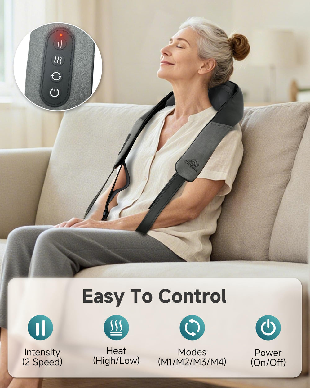 Dual-mode design for handheld or back-mounted massage.