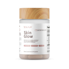 Snap Skin Glow bottle close-up with 60 capsules for skin and gut support.