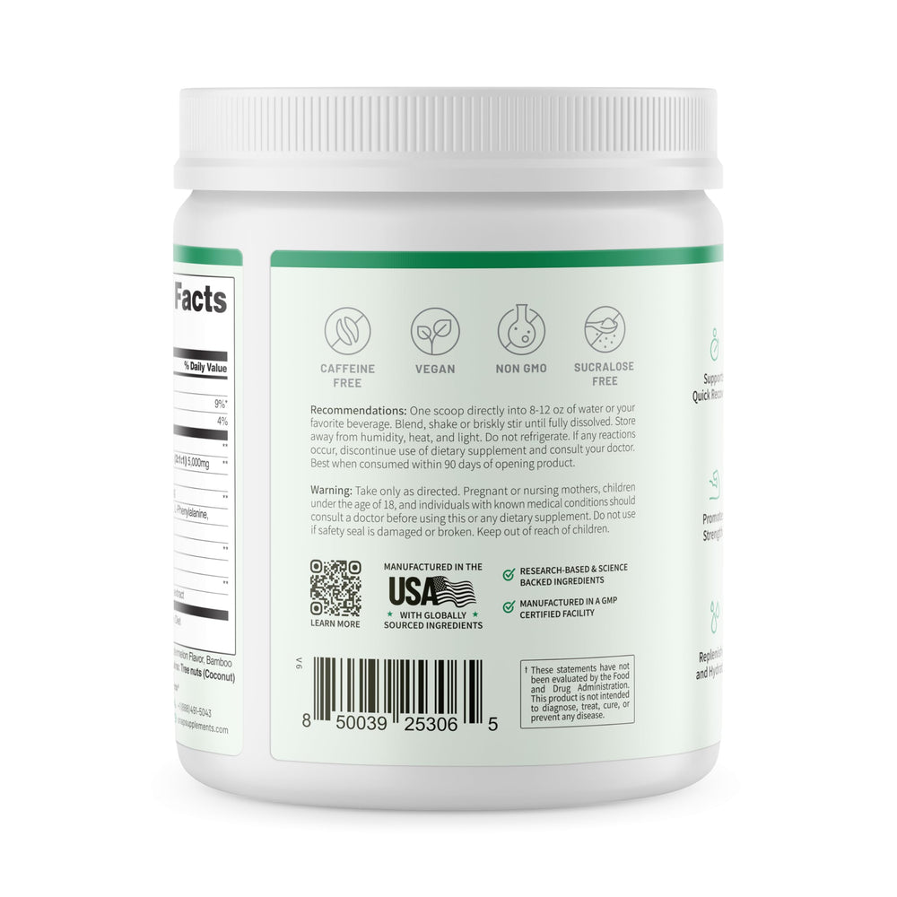 Allergen note indicating coconut in a vegan Snap BCAA formula.