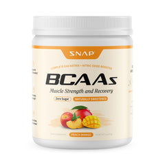 Snap Supplements BCAA Powder tub front showcases vegan formula for workouts