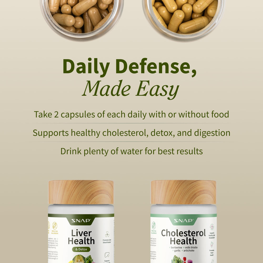 Snap Supplements cholesterol health bottle showing heart wellness support.