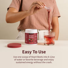 Glass of water with Heart Beets shows easy daily intake.