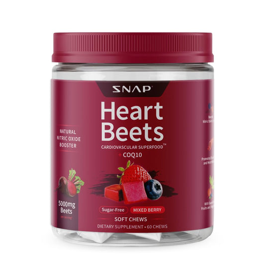 Snap Supplements Heart Beets jar shows beet power for circulation support.