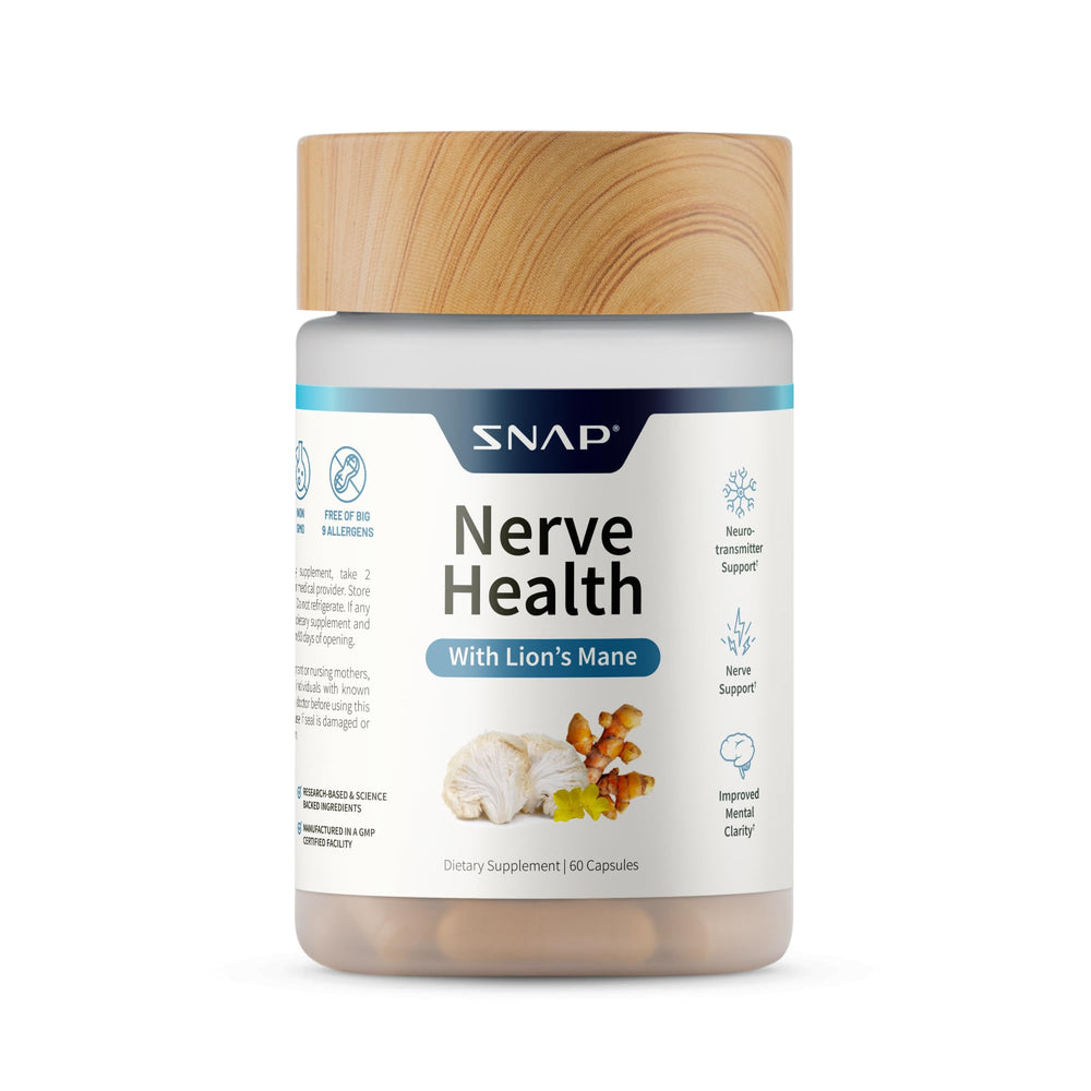 Snap Supplements Nerve Health bottle featuring Lion's Mane and turmeric blend for nerve support.