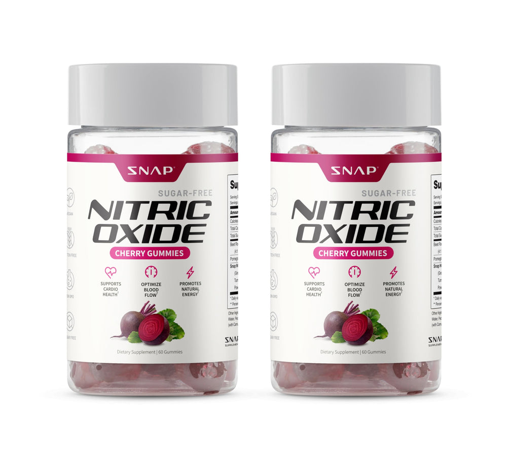 Snap Supplements Nitric Oxide Gummies cherry bottle with sugar-free beet root formula for energy