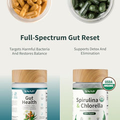 Snap Supplements Organic Spirulina Chlorella capsules neatly lined for plant based wellness