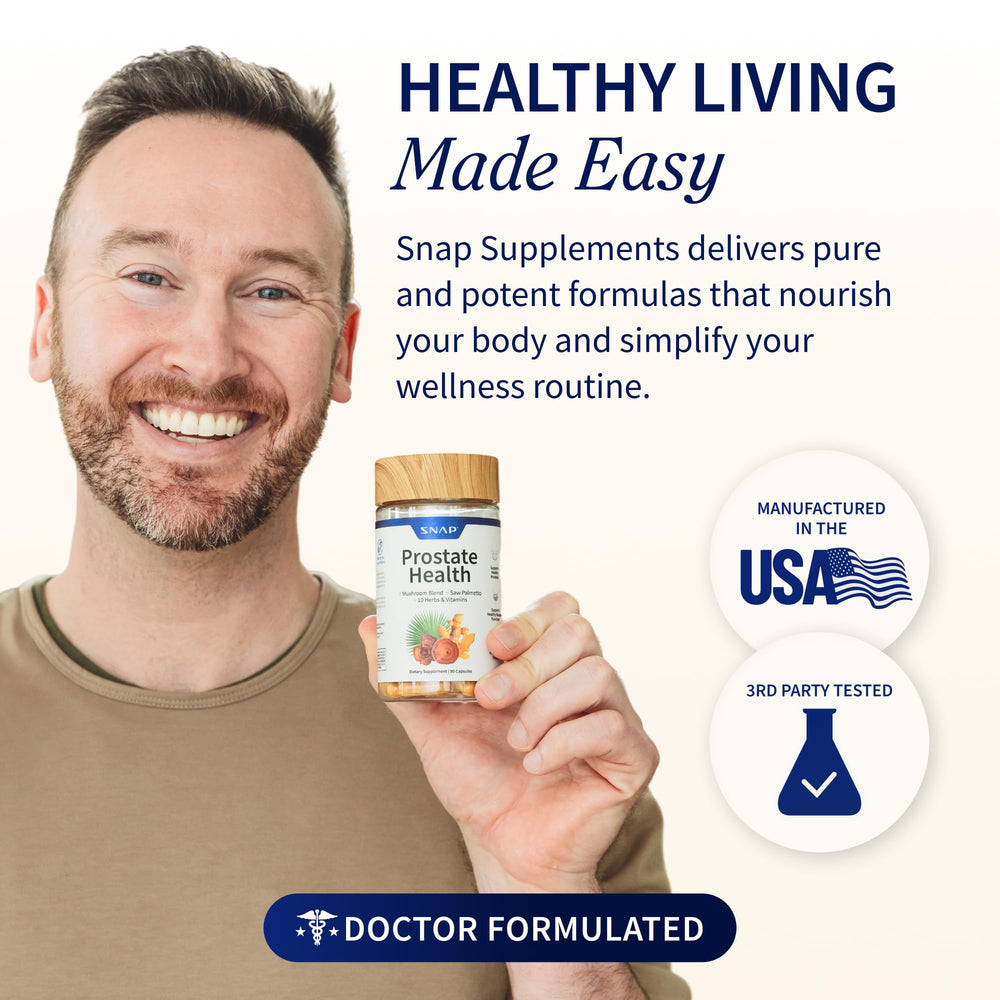Bottle with spoon showing one-serving portion of Snap Supplements Prostate Health