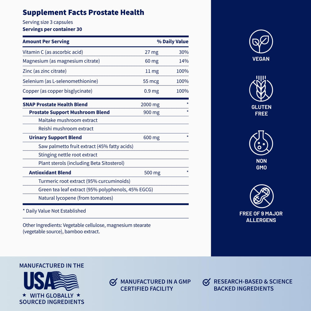 Glossy close-up of Snap Supplements Prostate Health capsules emphasizing vegan formula