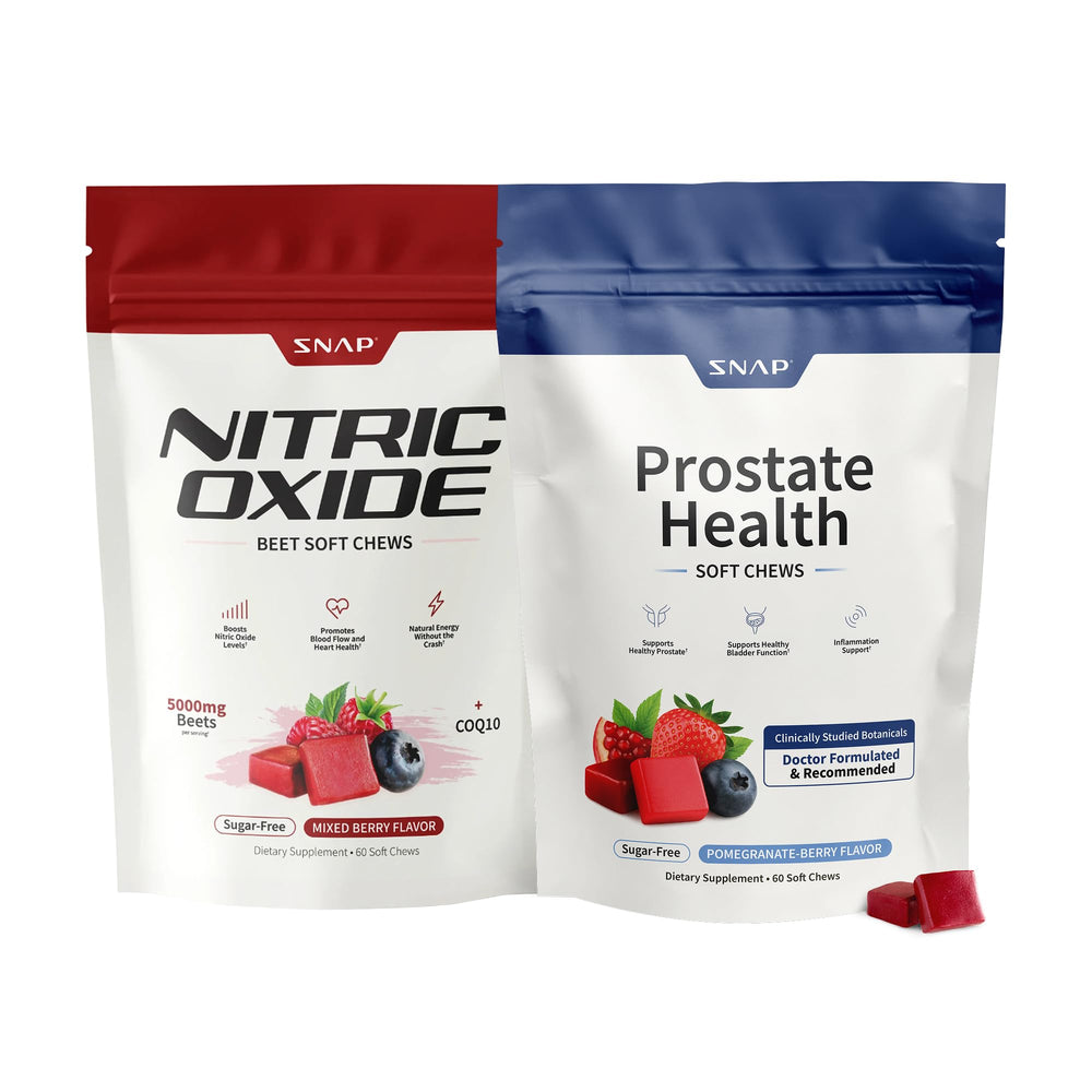 Snap Supplements Prostate Health soft chews bottle closeup for daily urinary wellness.