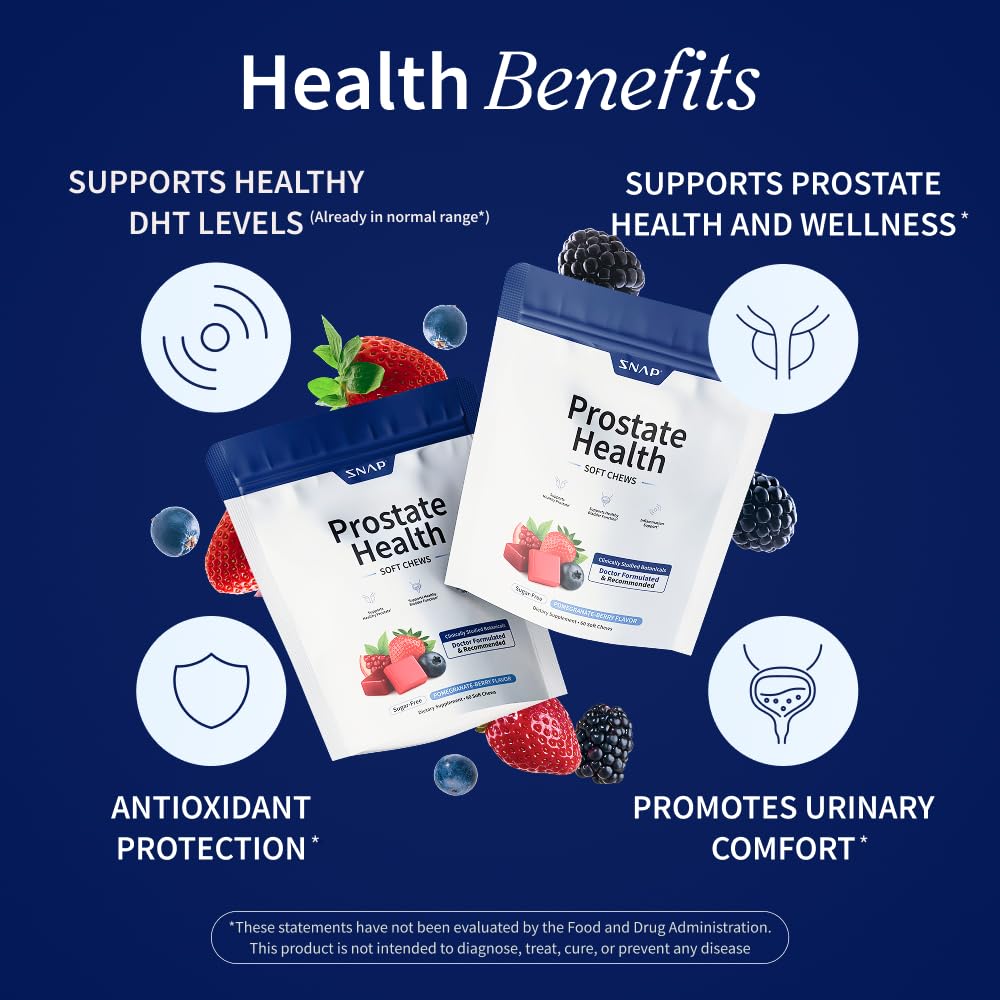 Snap Supplements Prostate Health soft chews with pomegranate berry flavor close-up.
